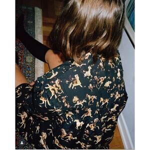 Ganni Horse Print Flare Babydoll Mock Neck Mini Dress‎ Black Brown Size 34 XS